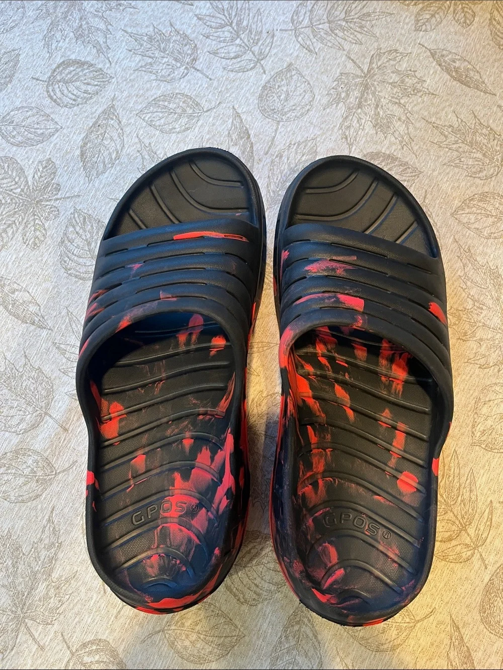 GPOS Black Slide Sandals with Red Splash Details